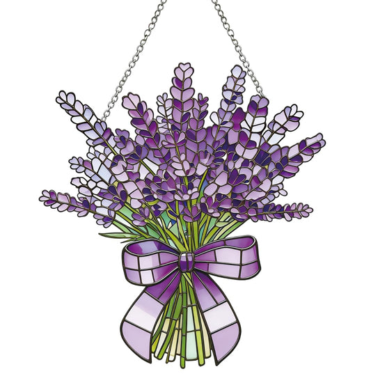 Lavender Flower Stained Glass Window Hanging Suncatchers Purple Lavender Ornament Indoor Wall Art Decor Floral Botanical Wall Hanging Decorations Gifts for Mom's Day