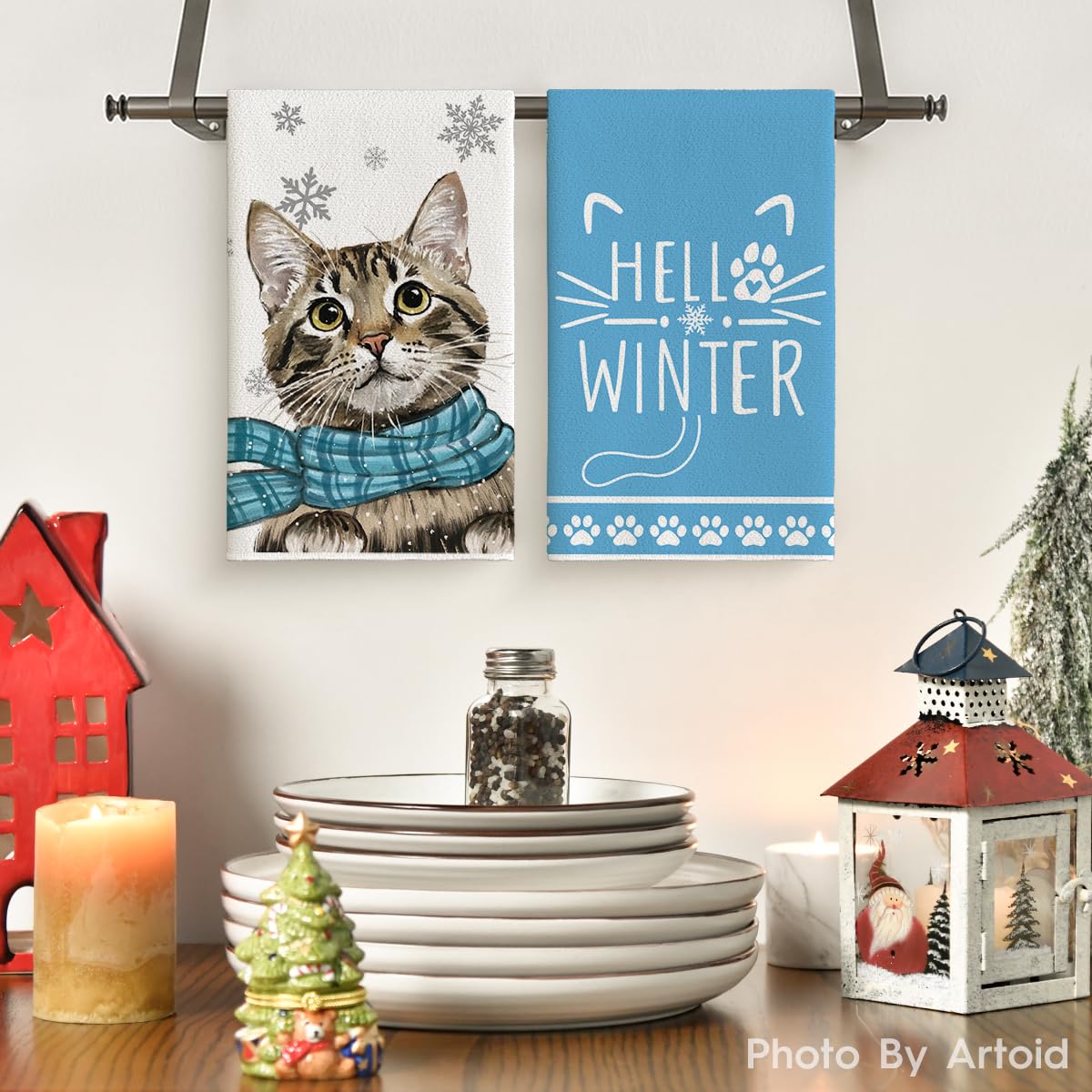 Artoid Mode Blue Cat Hello Winter Kitchen Towels Dish Towels, 18x26 Inch Print Snowflakes Christmas Decoration Hand Towels Set of 2