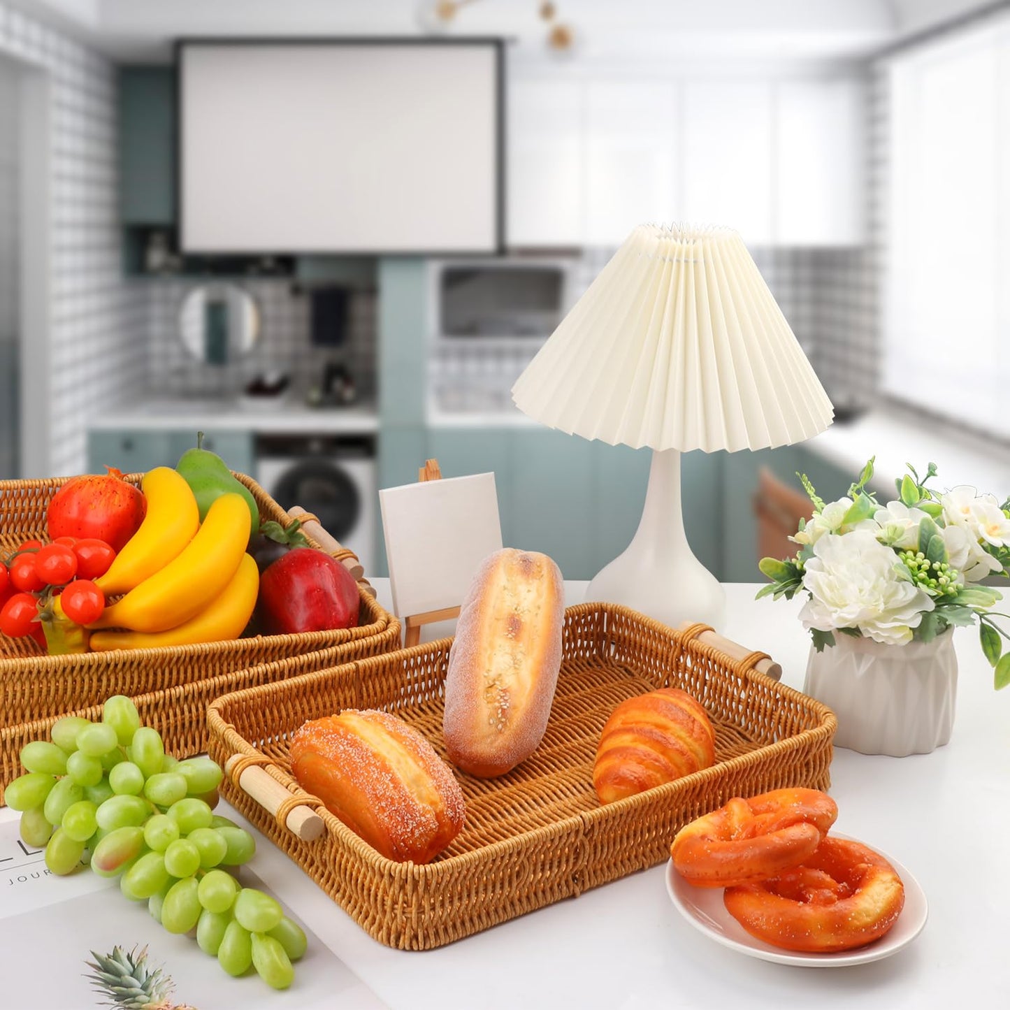 Geytetqi 3 Pack 13.8 x 9.8 inch Rectangle Rattan Tray, Rectangle Woven Serving Basket with Handles, Storage Rattan Serving Trays for Home, Restaurant & Hotel Use, Durable & Easy-Cleaning