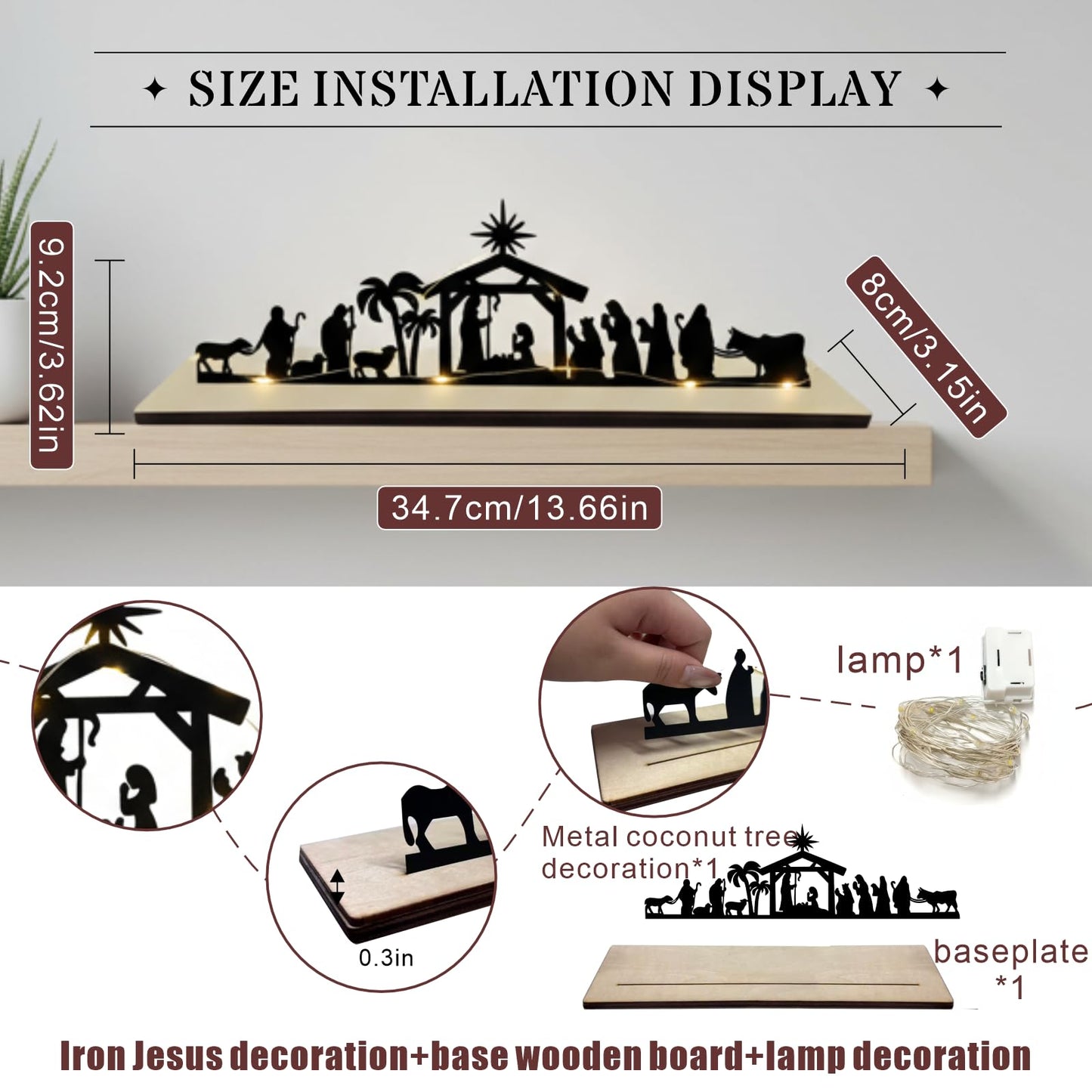 Qtaikong Christmas Table Decorations Wooden, Nativity Scene Silhouette Centerpiece - Christian Jesus Christmas Decor for Indoor Tabletop, Holiday Home Decor - B