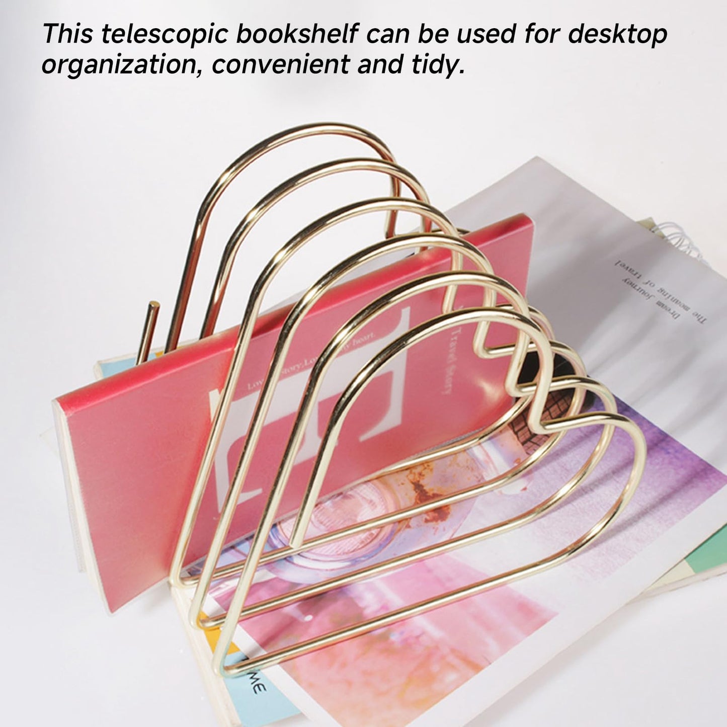 Kodrily Folder Holder for Desk, Heart Shaped Desk File Organizer Vertical File Holder, 5 Slots Iron Gold File Holder, Telescopic Book File Organizer Stand for Desk File, Gold