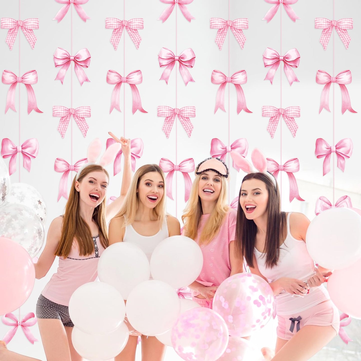 Daifunli 8 PCS Bow Decorations Bow Hanging Banners Garland Banners Paper Cutouts Ribbon Streamers for Birthday Bridal Engagement Bachelorette Wedding Party Decor(Pink)