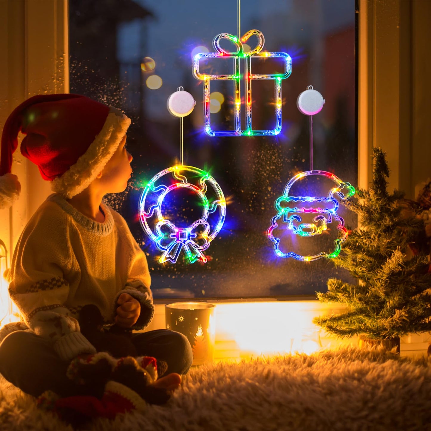 LOLStar Christmas Window Decorations 3 Pack Wreath Gift Box Santa Claus Christmas Window Lights with Suction Cups, Battery Operated Xmas Lights Decors, 2025 Upgrade Slow Fade Mode and Timer Function
