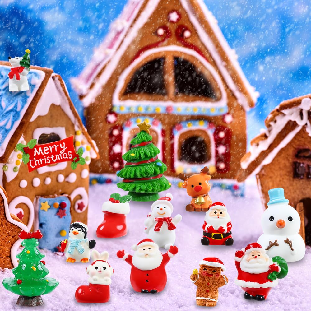 DIYDEC 32Pcs Christmas Miniature Figurines, Mini Resin Figurines to Hide Small Resin Santa Claus Snowman Xmas Trees Animals for Xmas Goodie Bag Fillers Winter New Year Holiday Party Favors Decorations