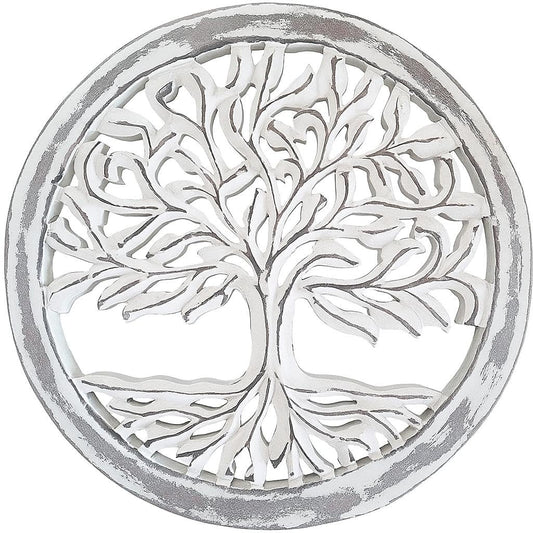 Wooden White Wash Tree of Life Wall Art Panel – 12 Inch Round Wood Carved Wall Hanging Sculpture | Indoor Outdoor Tree of Life Altar Panel Home & Office Wall Décor