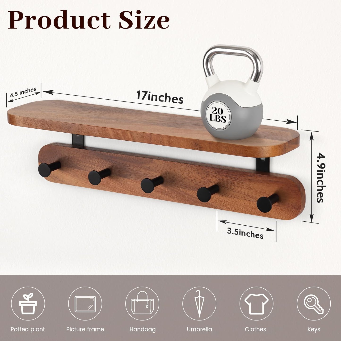 Homiton Coat Rack Wall Mount with Shelf, 17" Walnut Wood Wall Shelf with Hooks, Entryway Floating Shelves with 5 Metal Hangers for Coats, Backpacks, Living Room, Bedroom, Bathroom