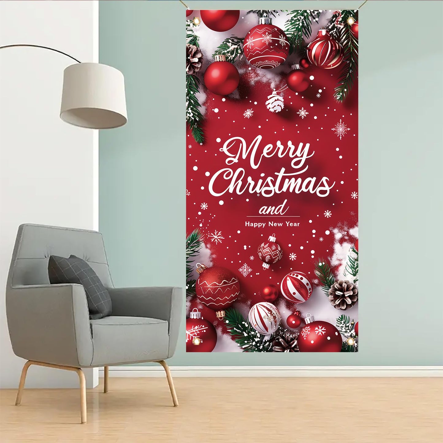 Saoplasa Merry Christmas Door Banner Happy New Year 35x71 Inch Red Christmas Front Door Cover with Snowflakes and Lettering for Xmas Winter Seasonal Holiday Party Porch Wall Hanging New Year Entryway Decoration