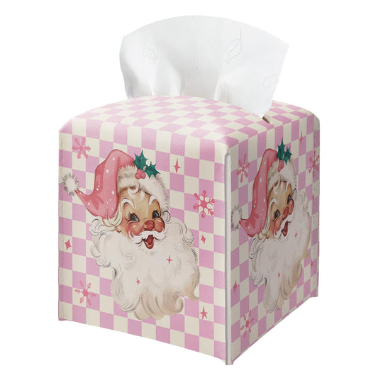 Merry Christmas Tissue Box Holder, Santa Claus Pink Checkered Leather Tissue Box Cover Square, Paper Facial Decorative Tissues Cover for Night Stands Bathroom Office Home Decor-B09