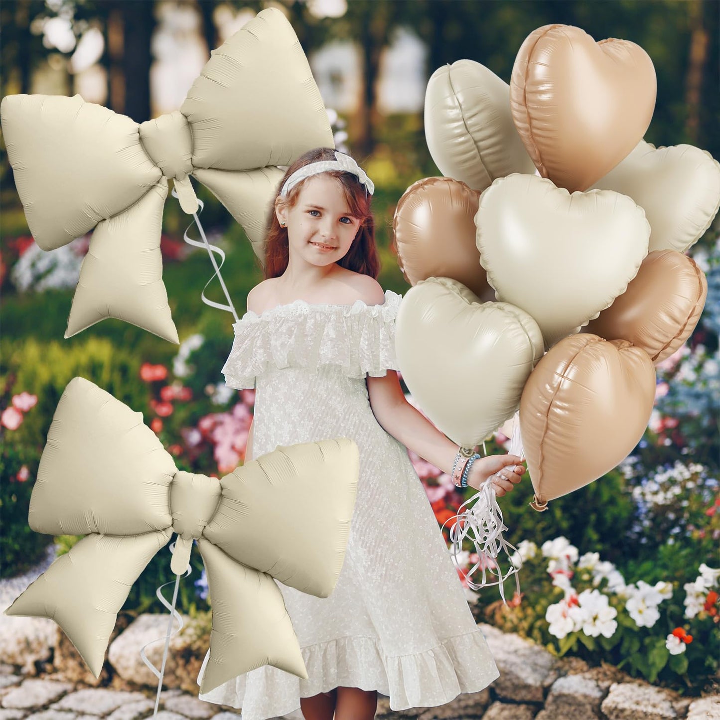 Cream Heart Balloons, Bow Party Decorations with 10Pcs 18 Inch Beige Heart Shaped Balloon, 38 Inch Helium Cream Bow Balloon for Birthday Valentines Engagement Baby Shower Bridal Wedding Party Decor