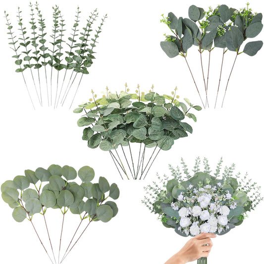 FENYUAN Eucalyptus Stems Bulk 30 Pcs, 4 Kinds Mixed Artificial Silver Dollar Eucalyptus Leaves Bundle Faux Greenery Branches for Wedding Vase Bouquet Floral Arrangement Centerpiece Home Decor
