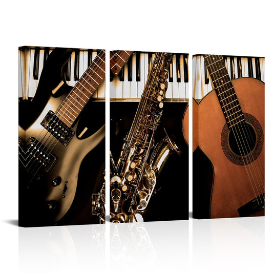 RnnJoile Music Canvas Art Wall Decor Musical Instrument Picture Prints Closeup Piano Guitar Painting Gallery Wrapped Large 16"x32"x3pcs