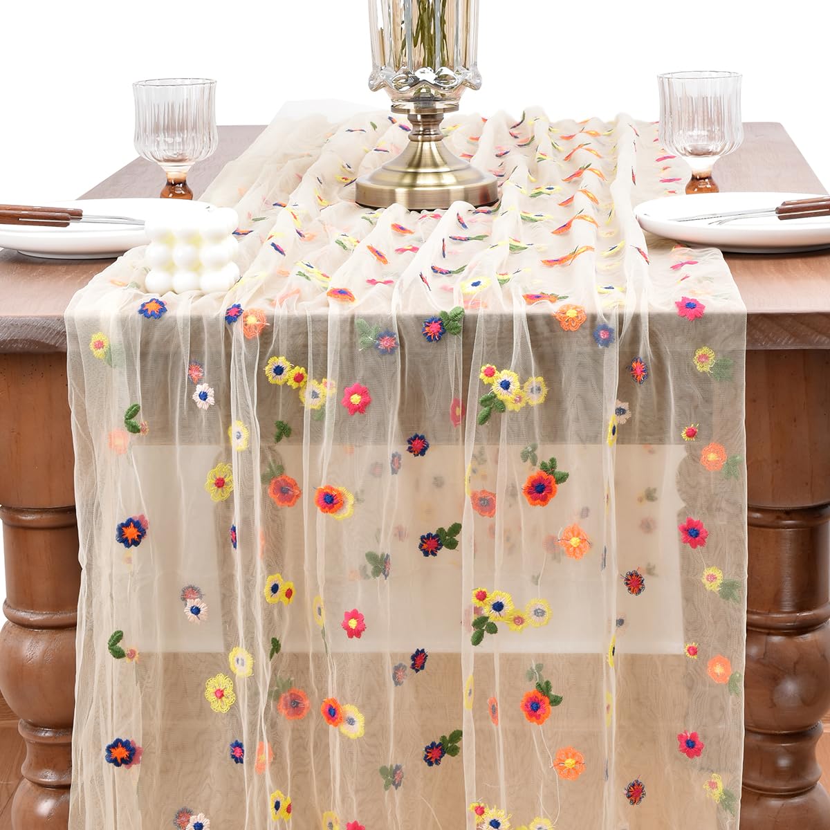 Joanlody Champagne Embroidery Daisy Spring Summer Table Runner 10ft Florals Seasonal Easter Tulle Table Runner Holiday Kitchen Dining Table Decoration for Home Party Indoor