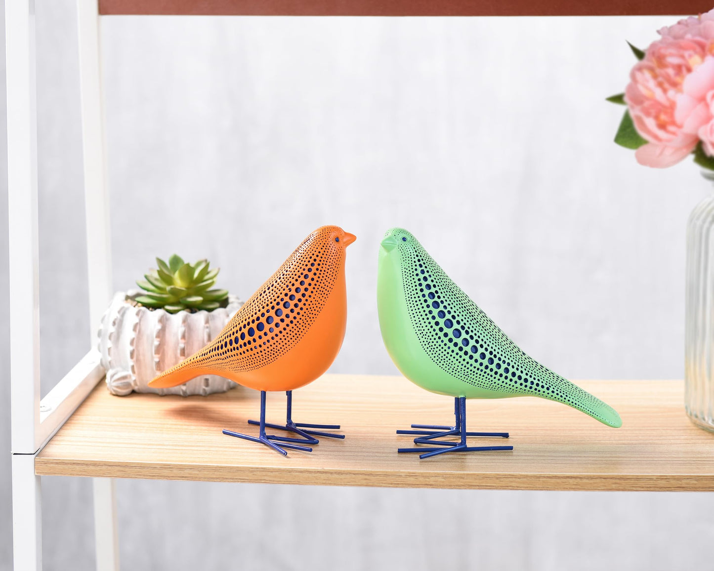Quoowiit Bird Figurine, Modern Sculpture and Statues for Home Decor, Animal Statues for Bookshelf, Table, Entryway, Fireplace, Resin Decorative Sculpture with Chic Polka Dots Art Design (Orange)
