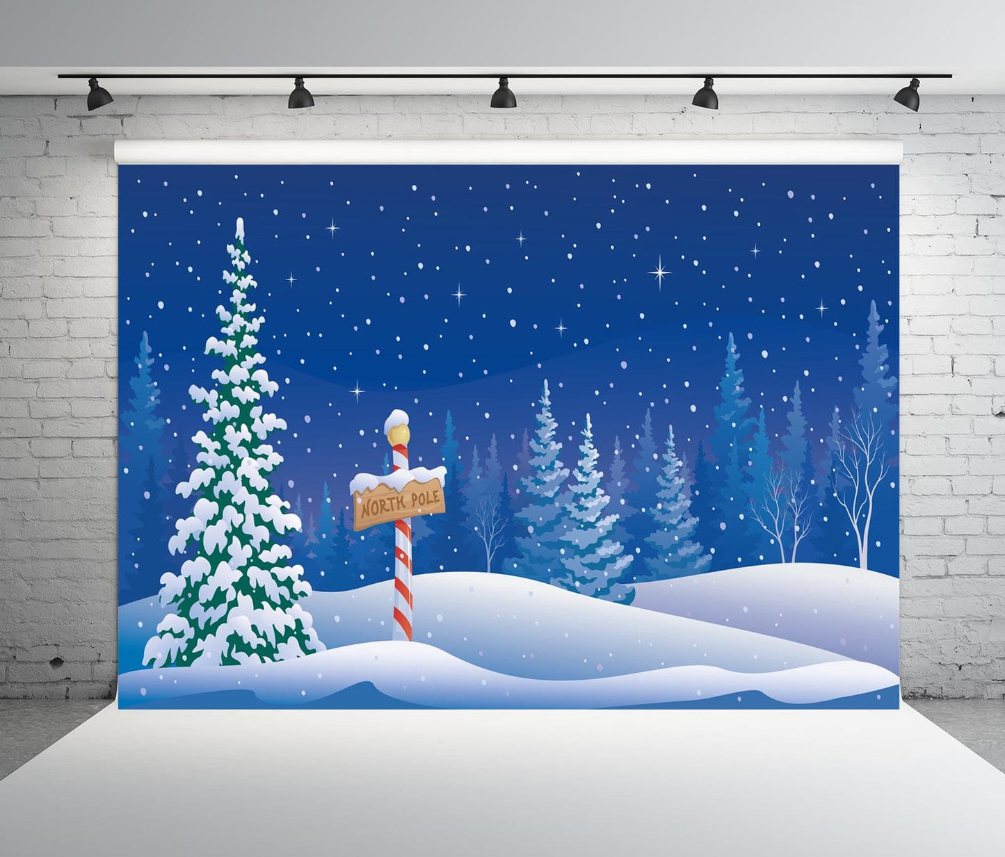 BELECO 5x3ft Fabric Cartoon Winter Christmas Backdrop North Pole Snowing Forest Blue Starry Night Winter Wonderland Background Xmas New Year Theme Party Decorations Banner Photo Booth Studio Props