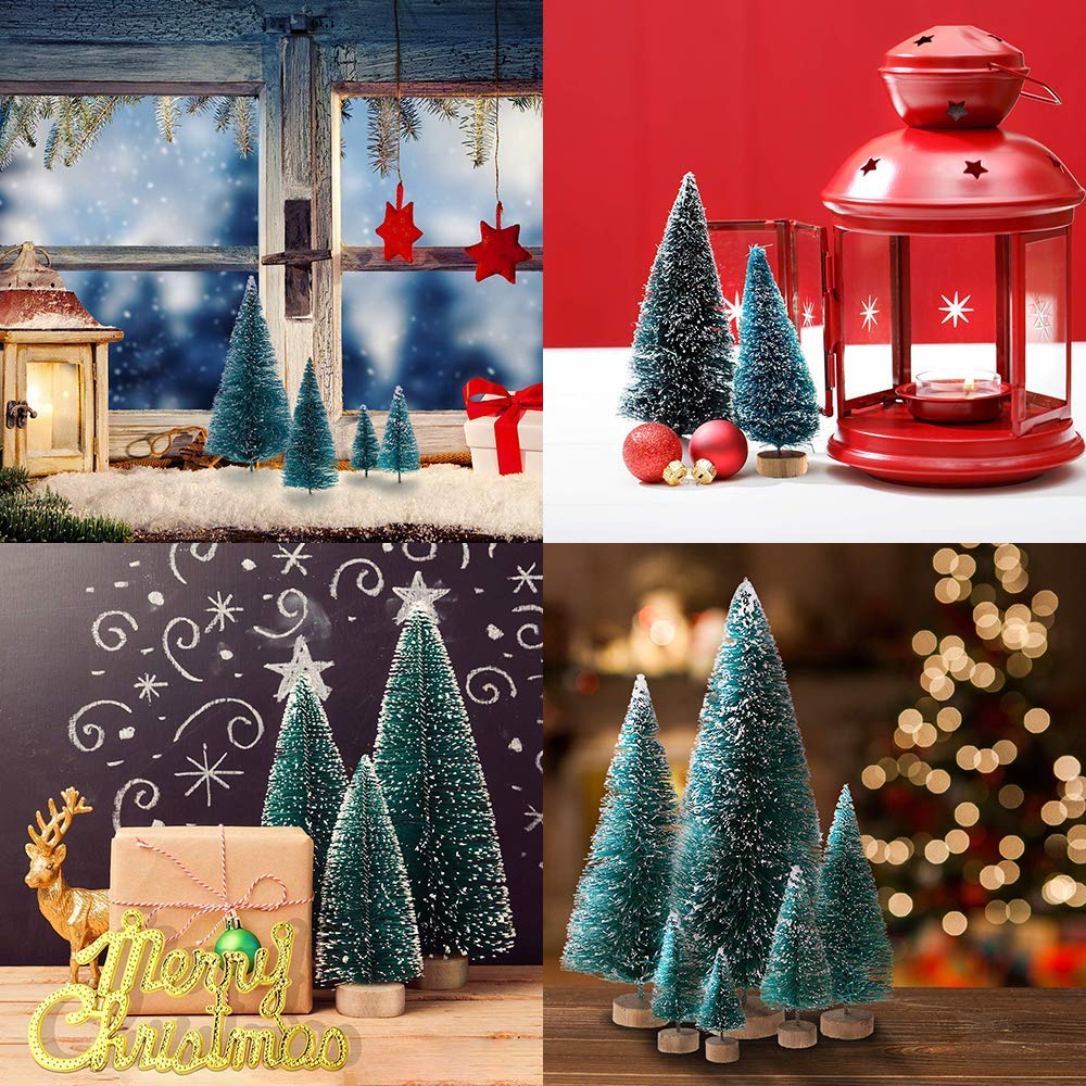 Artificial Mini Sisal Christmas Trees Snow Frost with Wooden Bases for Home Party Decoration Ornament DIY Craft (Blue-Green, 20 pcs)
