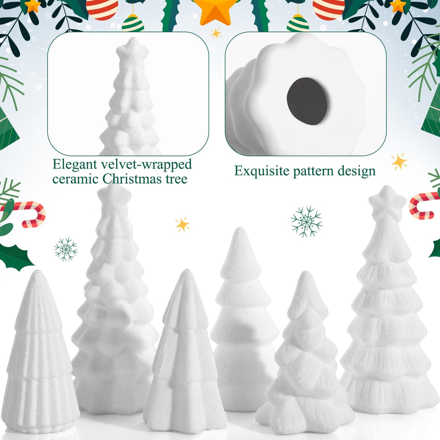 Bucherry 6 Pcs Christmas Ceramics Velvet Trees Set Christmas Table Decorations 3 Sizes Velvet Xmas Tree for Winter Holiday Table Centerpiece Decorations Mantel Decor Xmas Gifts(White)