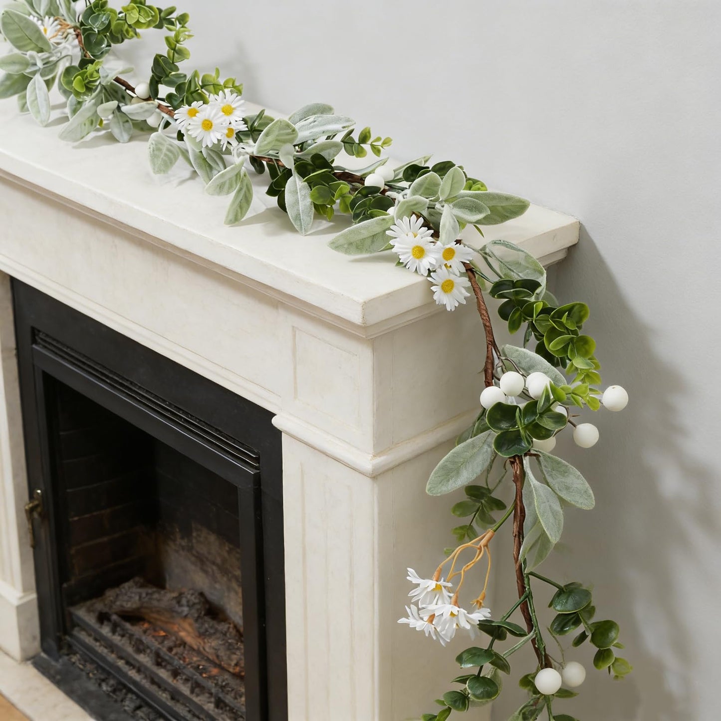Artificial Eucalyptus Garland 6FT with Flowers & White Berries – Faux Greenery Garland for Spring Wedding Mantle Table Indoor Outdoor Home Decor