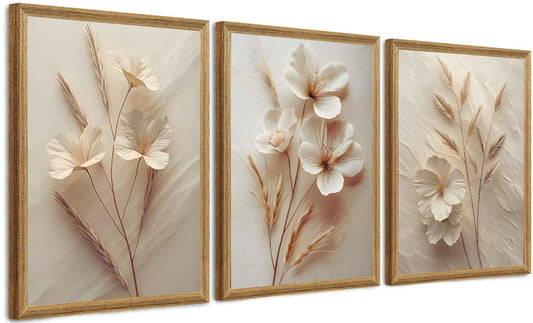 FYLDPSB 3Pcs Framed Neutral Beige Floral Canvas Wall art, Modern Simple Texture Plant Painting Wall Decor, Vintage Flower Poster Prints for Living Room Bedroom Farmhouse Ready to Hang 16''L x 12''W
