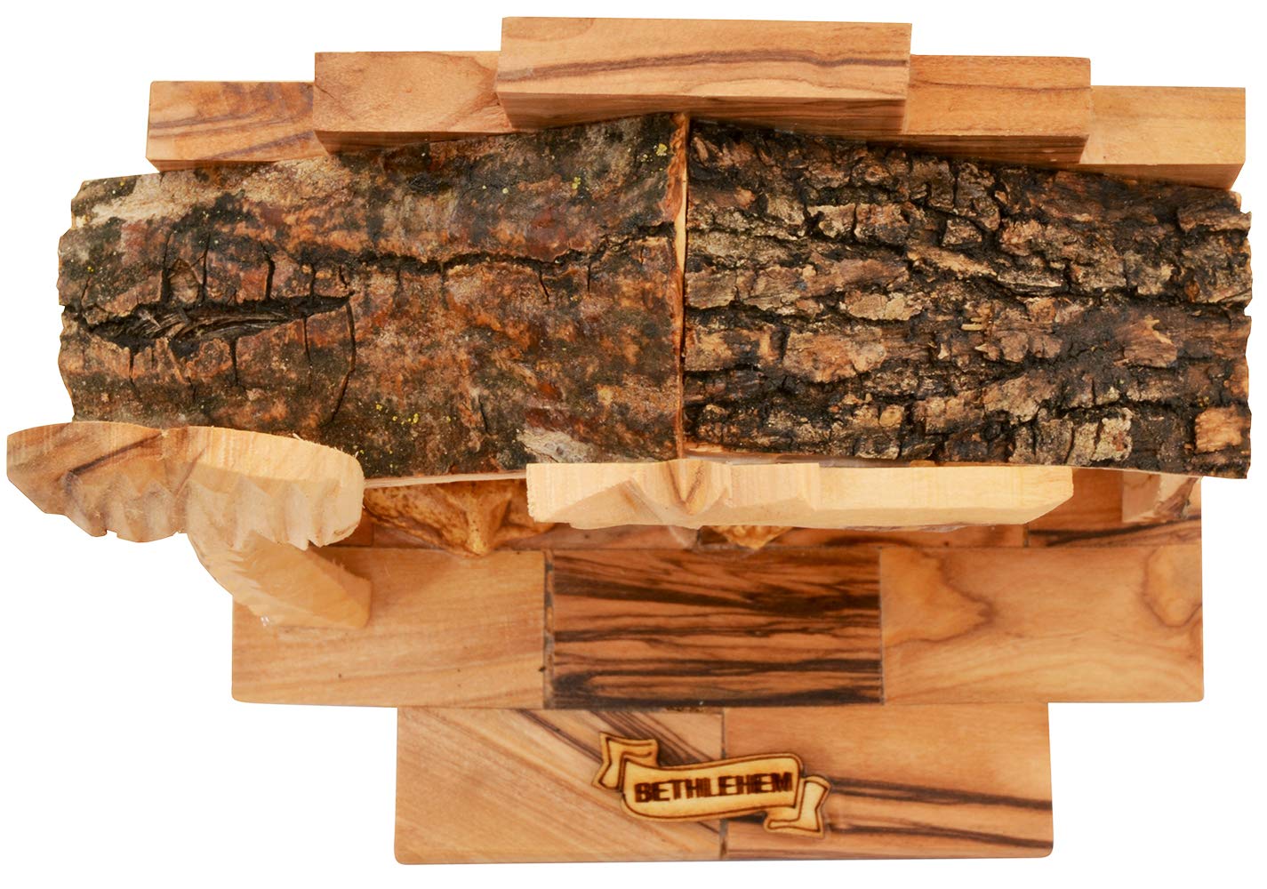 Olive Wood Nativity Set with Figurines – Natural Bark Roof Stable – Handmade Christian Christmas Decoration – Holy Land Gift – Made in Bethlehem – Religious Manger Scene Display