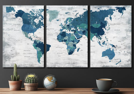 Canvas Wall Art World Map Pictures for Living Room Office Farmhouse Wall Decoration Abstract Print Art Teal Decor Rustic Map of the world Picture Framed Artwork for Home Office Decoration Large