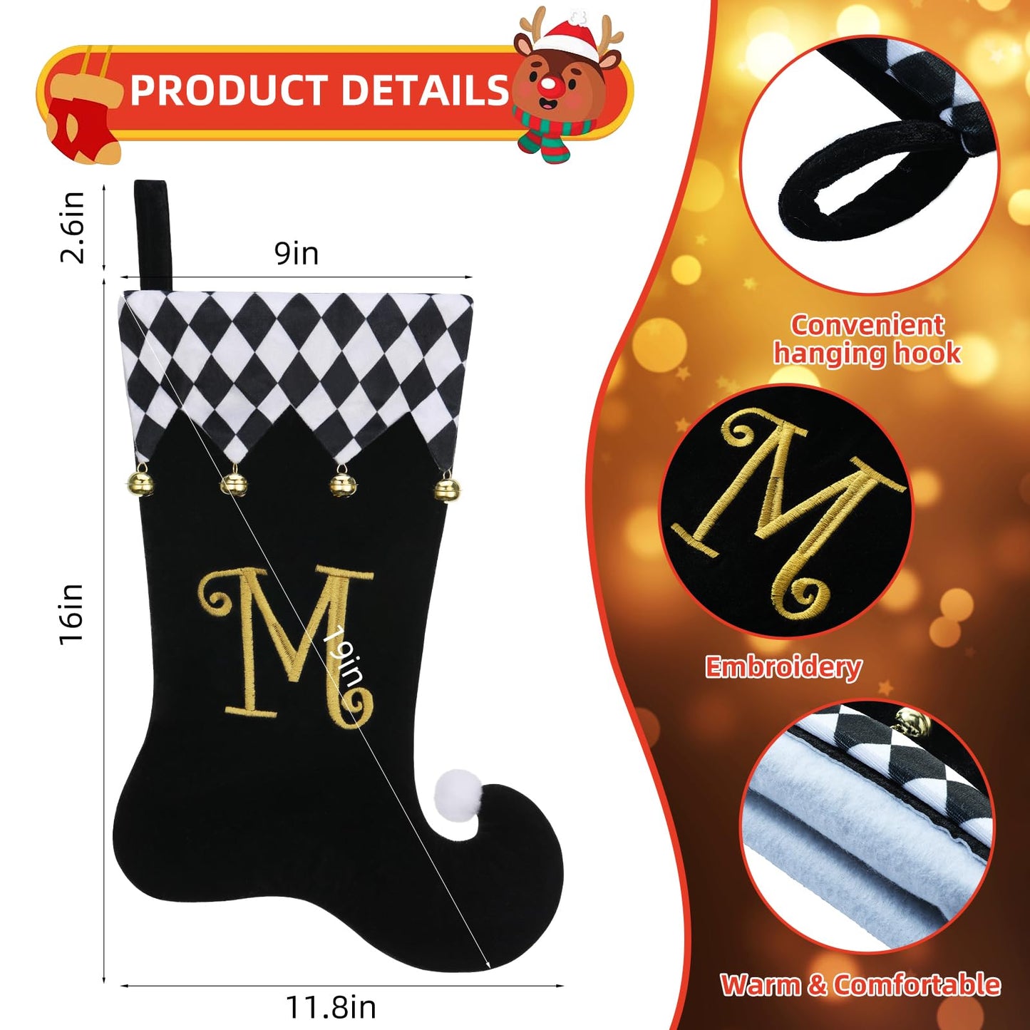 TWSANTAMAS Personalized Elf Christmas Stocking - 19 Inch Black Velvet with Gold Monogram, Checkered Cuff & Bells, Fireplace Decor S