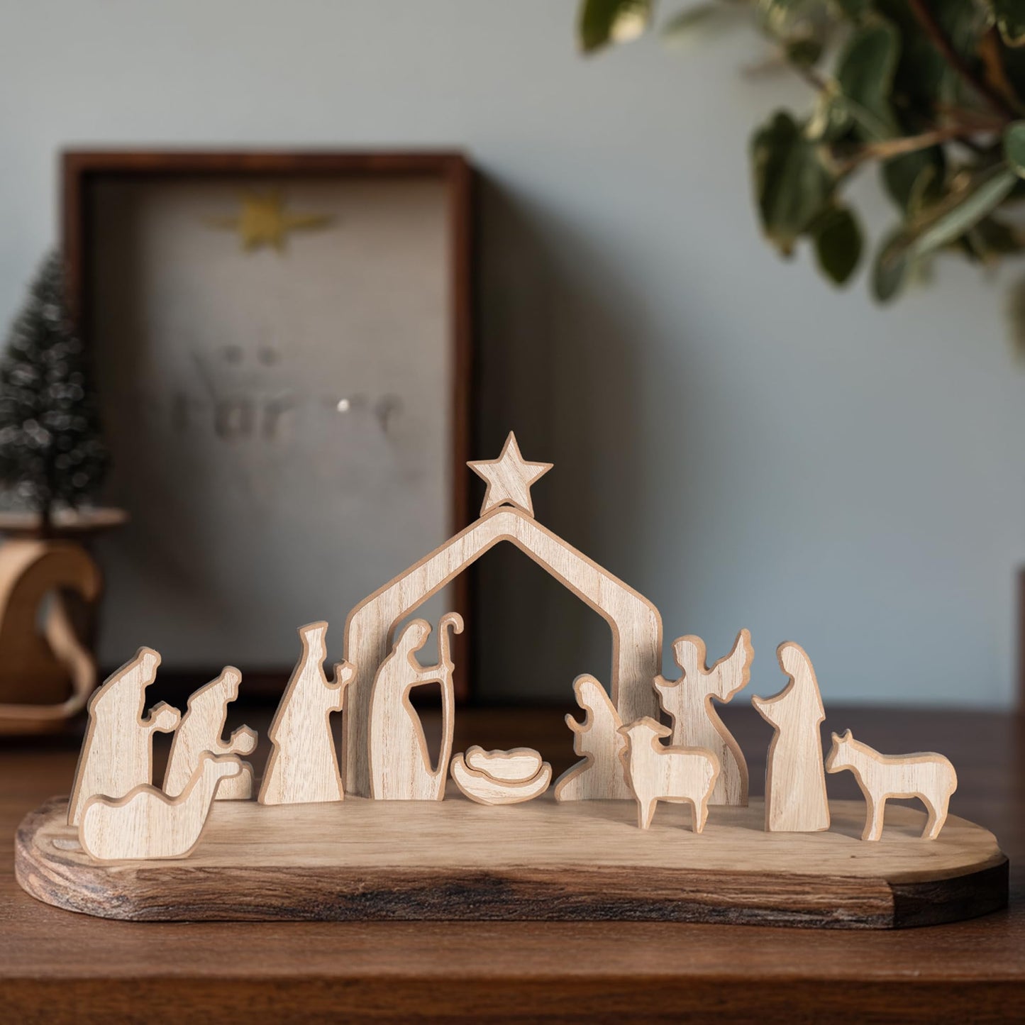 NEROSUN Nativity Scene Set, 13Pcs Wooden Christmas Nativity Scene Miniature Holy Family Figurines, Minimalism Boho Tabletop Christmas Manger Decorations for Christan Indoor Home Mantel Display