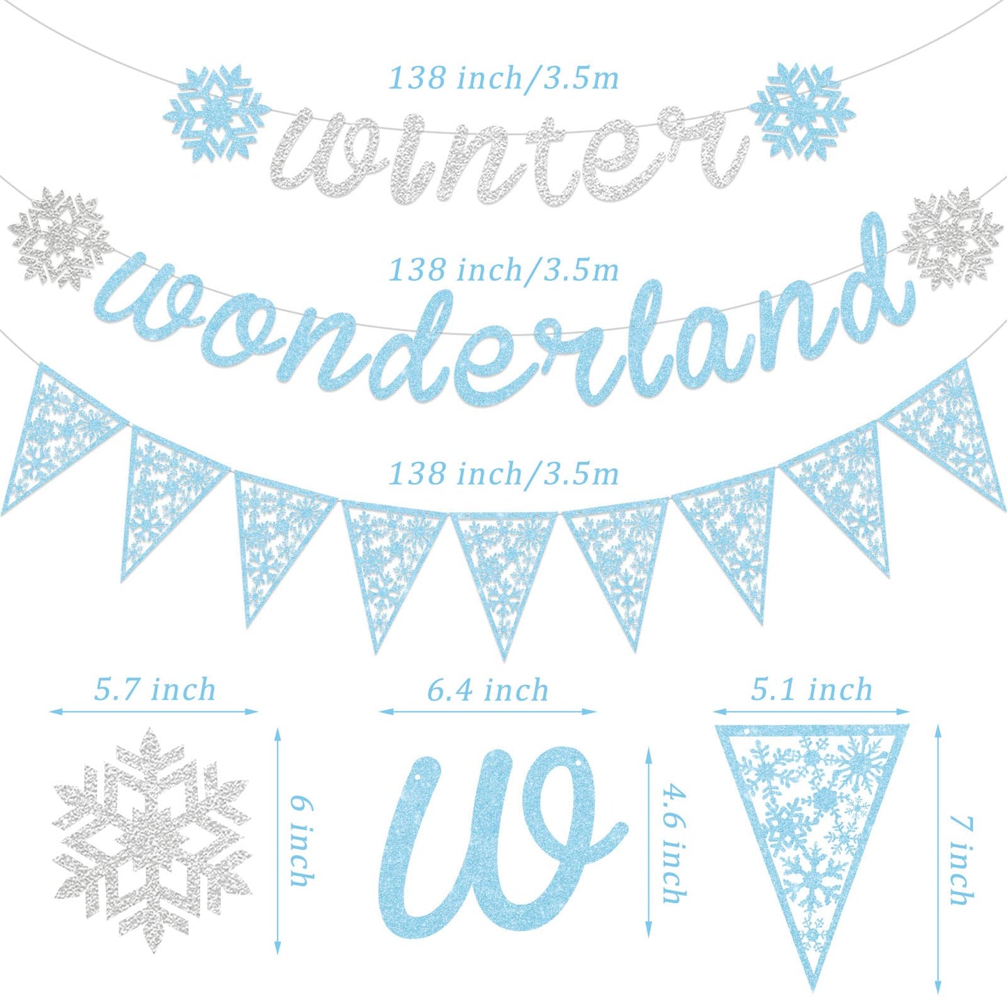 Gersoniel 3 Pack Winter Snowflake Wonderland Banner Snowflake Garland Christmas Hanging Decorations for Winter Christmas New Year Wonderland Party Supplies Home Mantle Office Decorations(Blue, Silver)