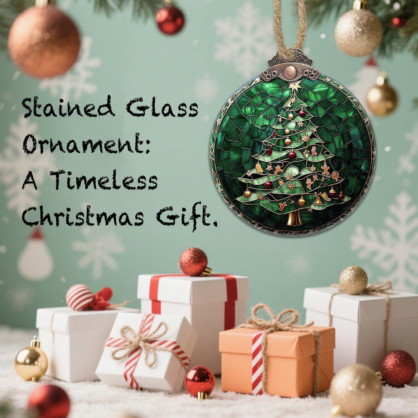 CRISGIF Stained Glass Christmas Decorations, Small Bell Pendant Suncatcher for Window Christmas Tree Hanging Ornaments Retro Green Sun Catcher Xmas Decor Gifts for Women Men Mom Nana Friend