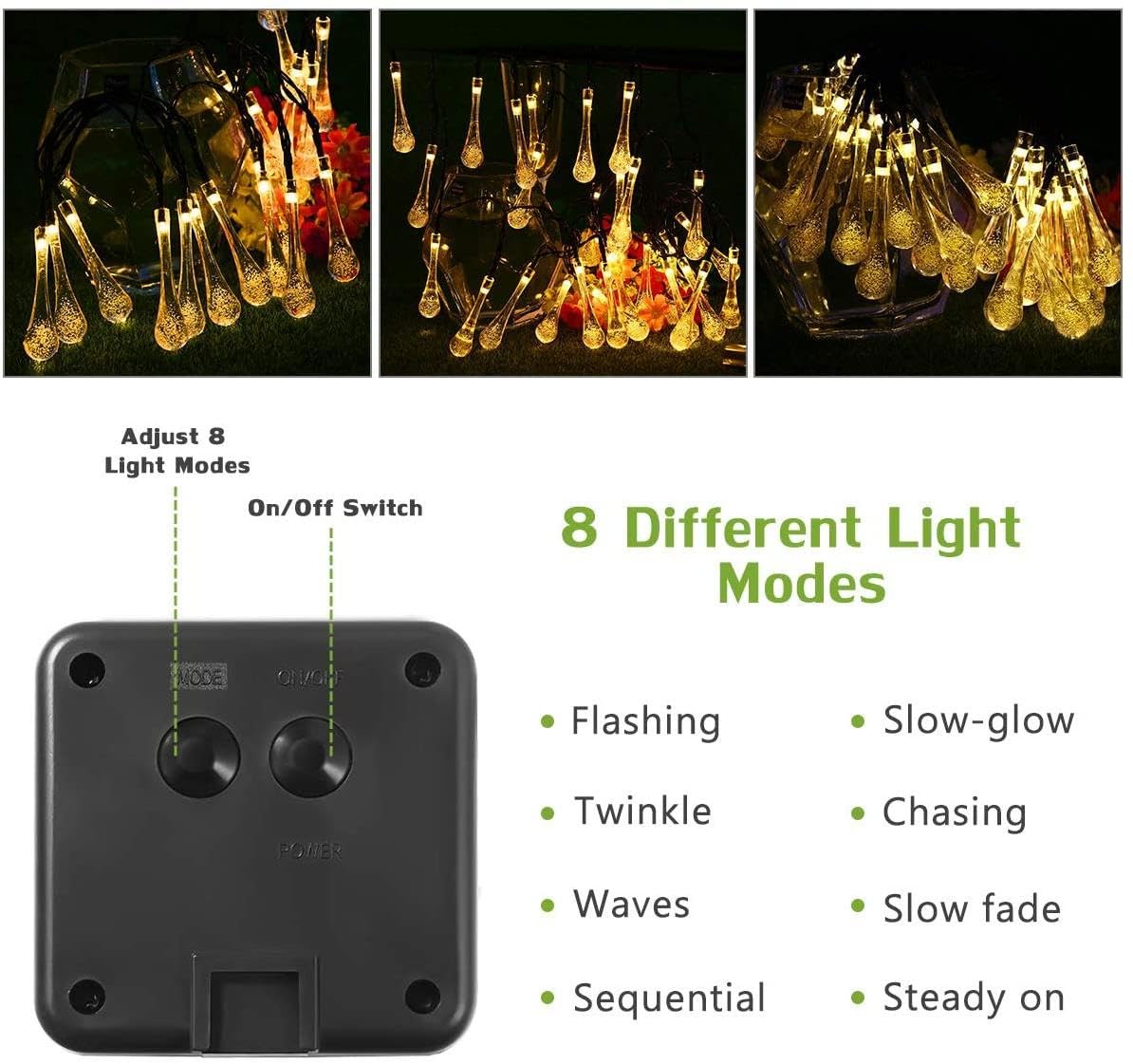 EONSMN Solar String Lights Outdoor Waterproof 19.6 Feet 30LED 8 Functions,Teardrop Water Drop Solar Lights, Garden Terrace Patio Tree Party Christmas Decoration (Warm White)