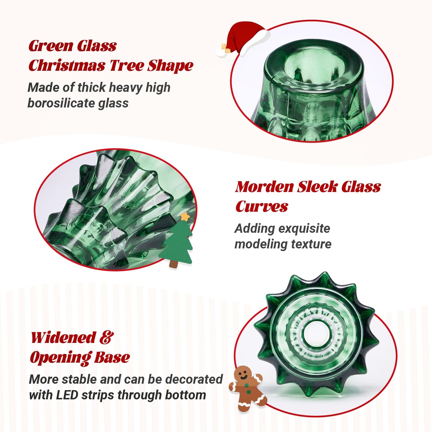 CHILL RECIPE Christmas Tree Candle Holders Xmas Glass Taper Candlestick Holders Thickened with Rubber Candle Grippers for Decoration Table Centerpiece Dinner Party Home Decor(Green 3Pcs &Box)