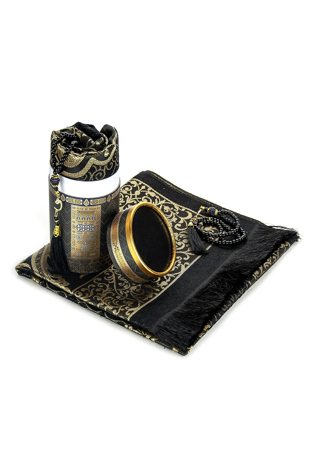 ihvan online Muslim Prayer Rug and Prayer Beads with Elegant Design Cylinder Gift Box, Janamaz, Soft Sajadah, Islamic Gifts Set, Portable Prayers Carpet Mat, Taffeta Fabric, Black