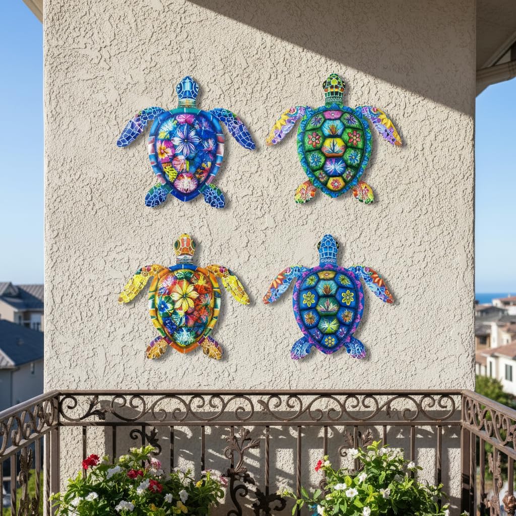 Cruis Cuka Metal Wall Art Cute Turtle 2.5 D Wall Sculpture Garden Decor for Outside Fence Decorations Lawn Ornaments Patio Backyard Decor - Set of 4