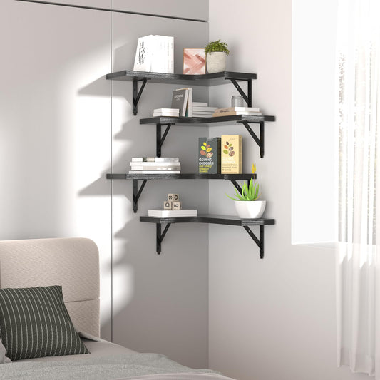 ROMGUAR CRAFT Corner Floating Shelves Wall Mounted Set of 4, Rustic Wood Storage Display Shelves for Home Decor, Bathroom, Kitchen, Bedroom, Living Room, Office (Black)