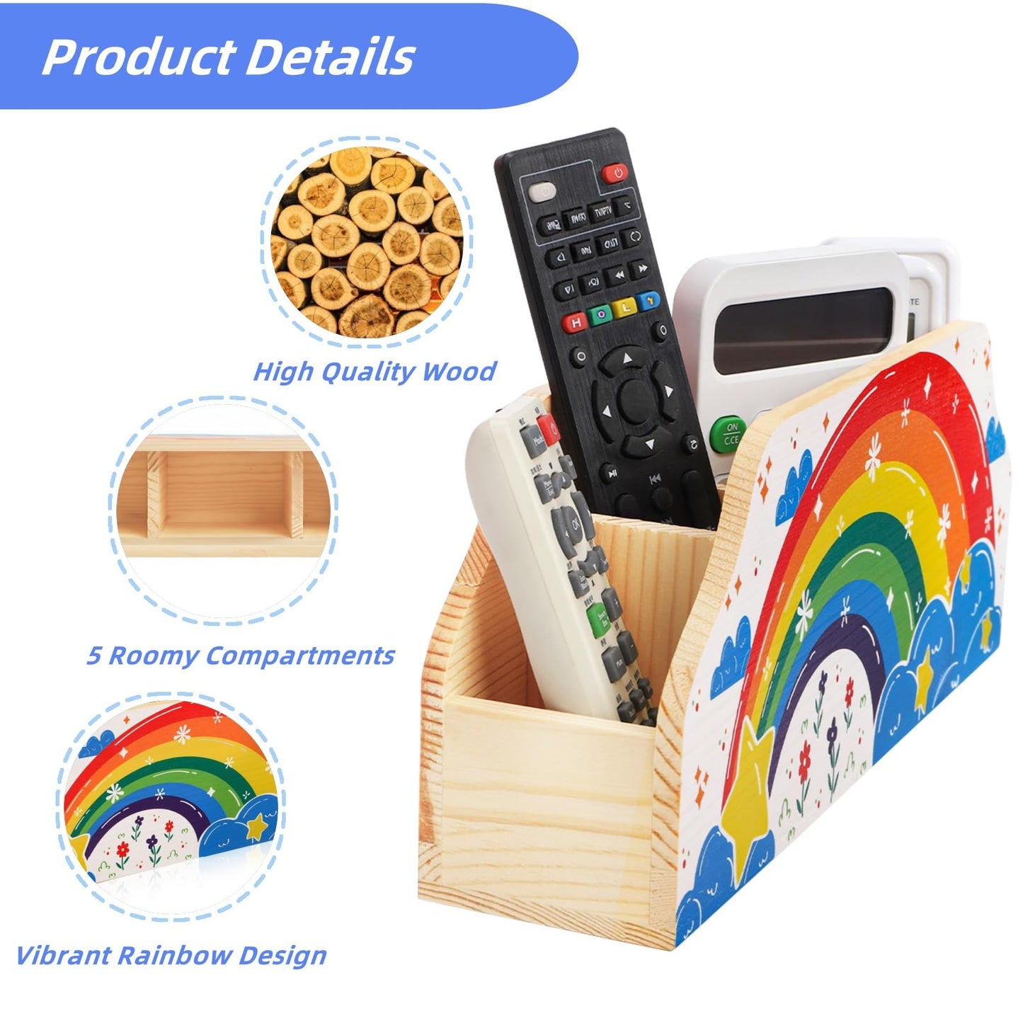 ELFULLY Rainbow Wood Pen Holder for Desk, 5-Slot Desk Organizers, Cute Pencil Holder, Office School Supplies Storage, Desktop Storage Caddy for Teacher Appreciation, Birthday Gifts, Makeup Brush