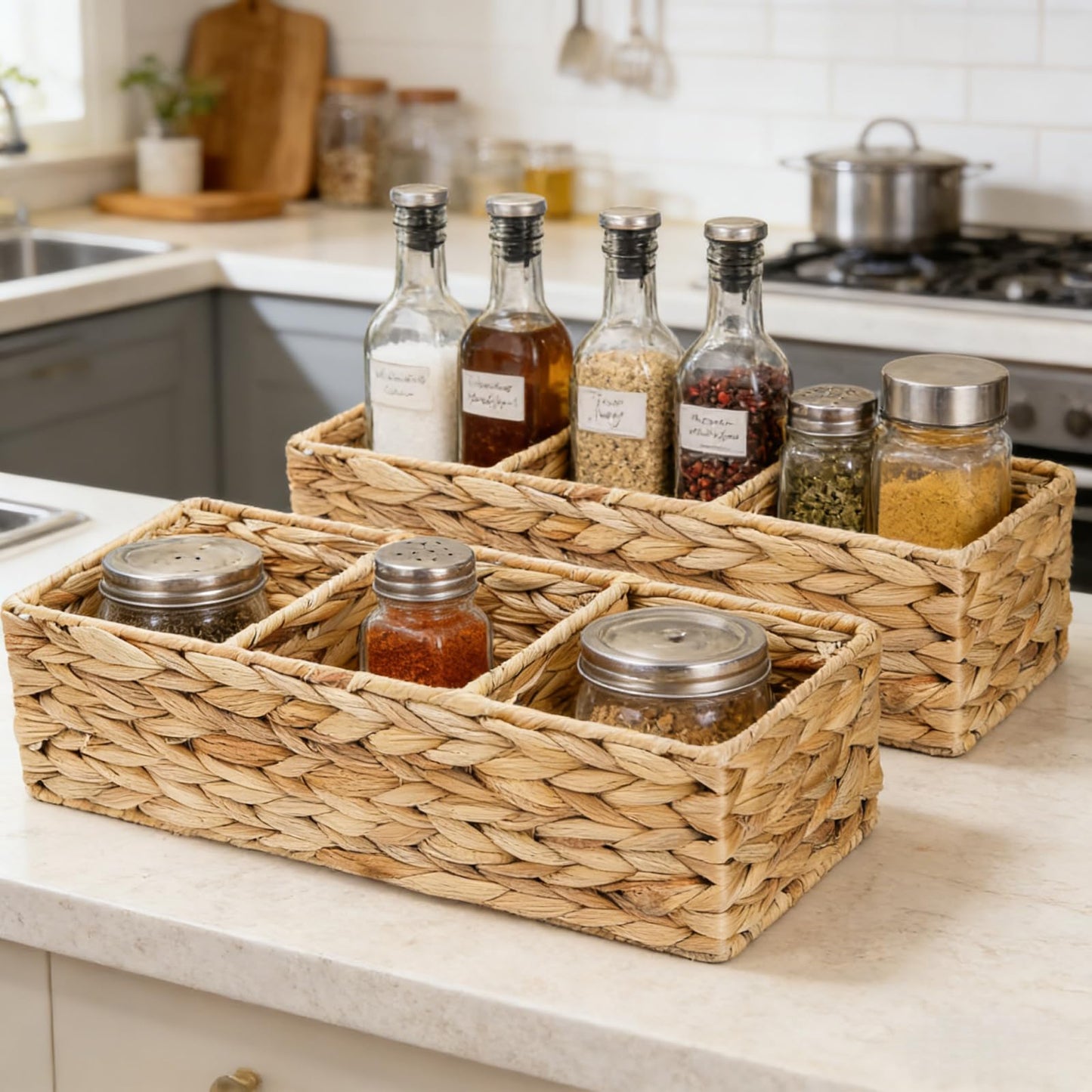 Pumtus 2 Pack 3-Section Woven Baskets, Water Hyacinth Storage Bin, Handwoven Desk Organizer, Toilet Paper Container, Rectangle Holder for Counter Top Toilet Tank Shelves Coffee Bar Pantry