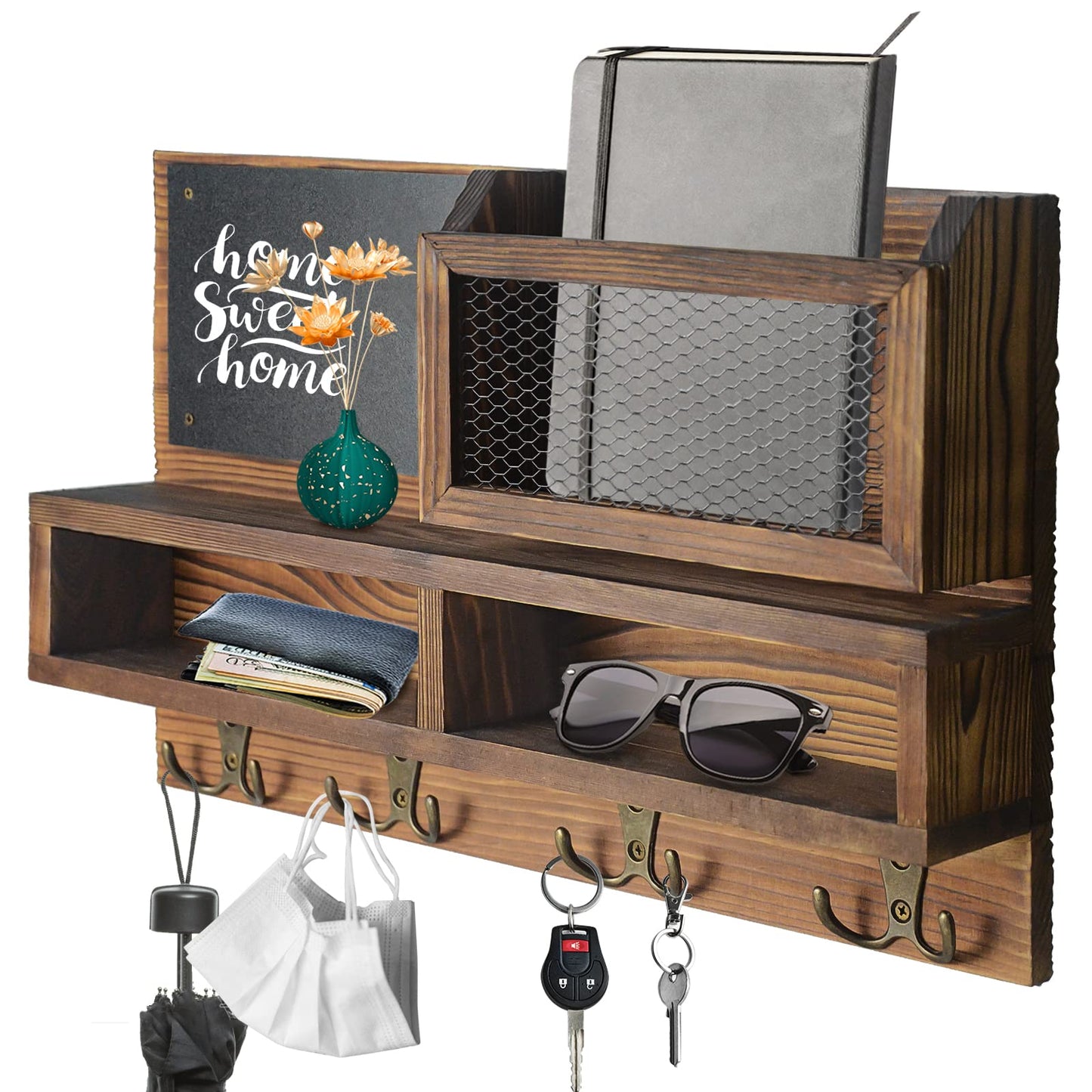 Key Holder for Wall, Mail Organizer Wall Mount with Key Hooks and Wallet Holder, Sunglasses Storage and Dog Leash Hanger, Decorative with 4 Double Hooks and Chalkboard