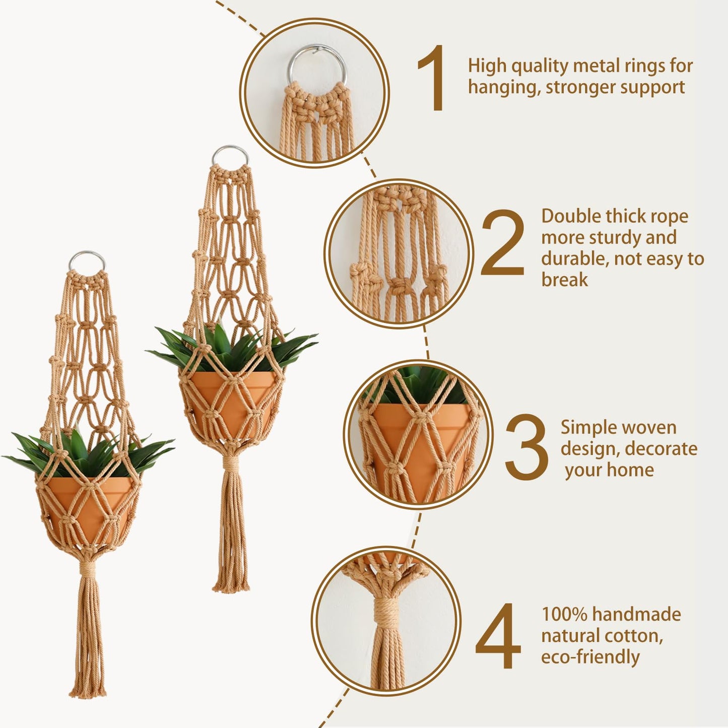 Artilady Hanging Planter for Indoor Plants Macrame Plant Hanger Large Hanging Plant Holder Brown Plants Basket White Rope Boho Original Wall Decor (Brown Plant Hanger-2pcs)