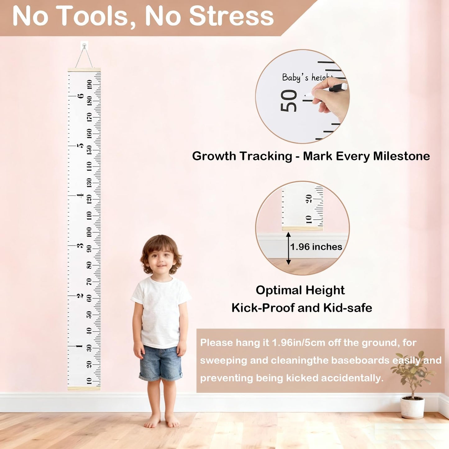 Height Chart for Kids, Growth Chart for Wall, 77"x7.9" Premium Canvas Removable Height Chart for Kids Baby Child Toddler Boys Girls Height Measurement for Wall (Black & White)
