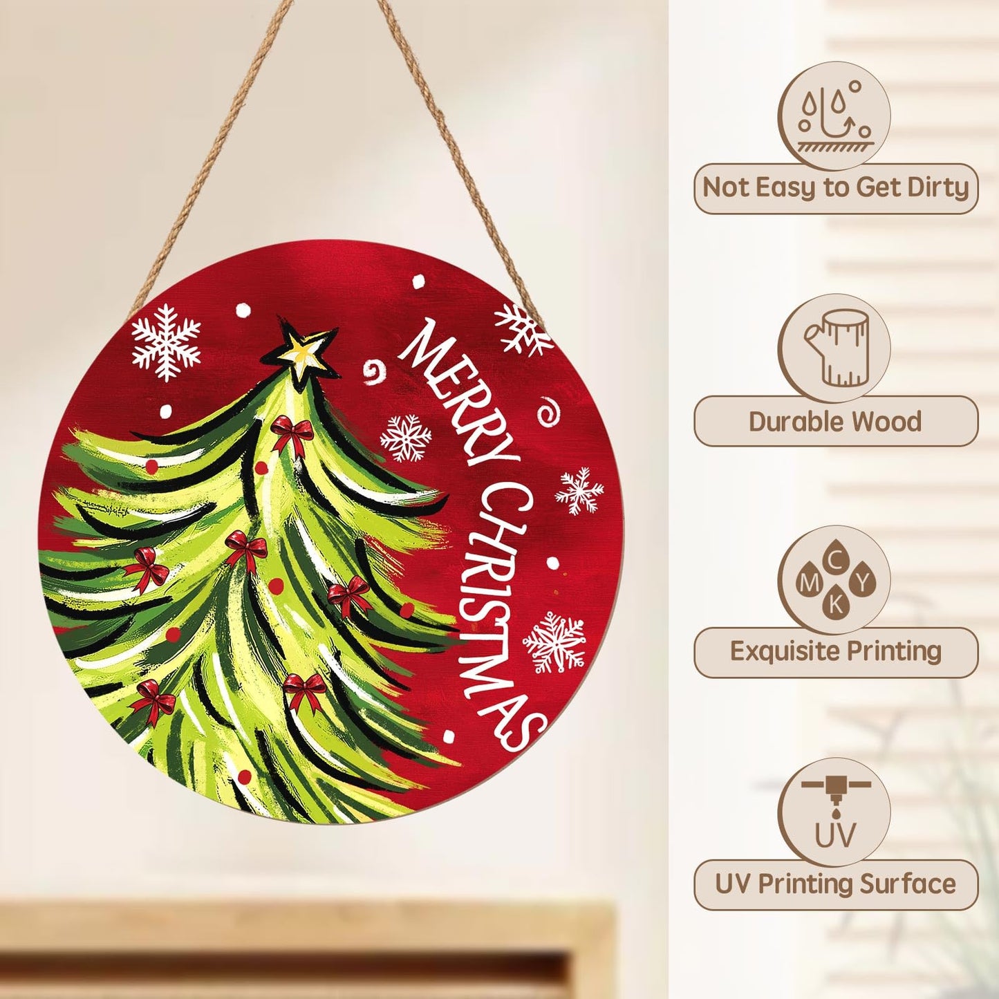 Merry Christmas Door Sign,Christmas Tree Decorations Wooden Holiday Hanging Sign for Front Door,Winter Red Christma Decorations for Home Garden Christm New Year 12"x12"