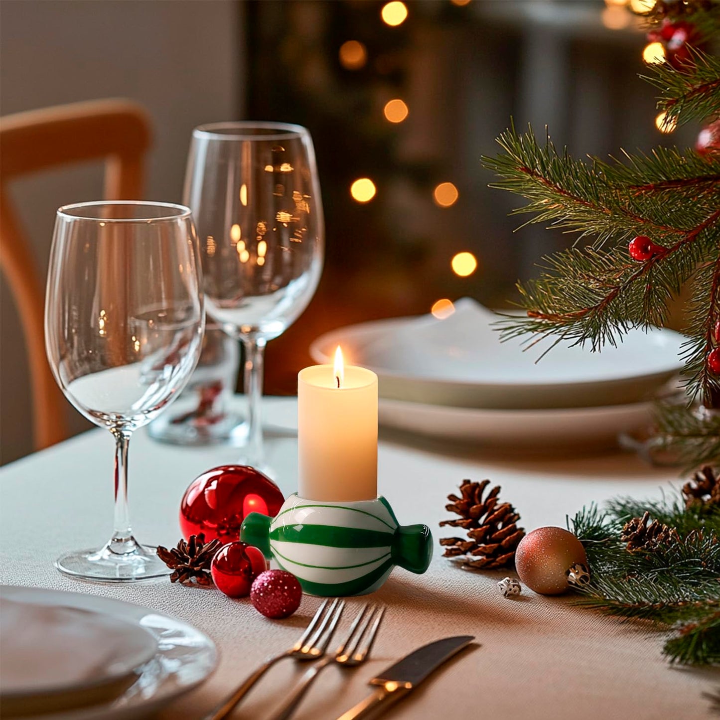 DIF DECO Candy Ceramic Candle Holders 2 PCS,Christmas Decor Candlestick Holders Centerpieces for Home Wedding Xmas Dinning Party for 1.5 inch Candle and Led Candle(Red + Green)