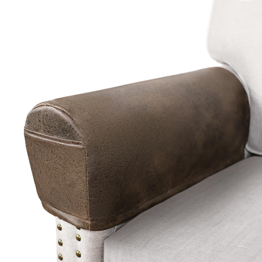 ANARACHON Leather Look Couch Arm Covers Set of 2 Armrest Covers for Sofa Chair Arm Protectors Stretch Armchair Slipcovers with Pockets Washable Spandex Fabric (Medium, Brown)