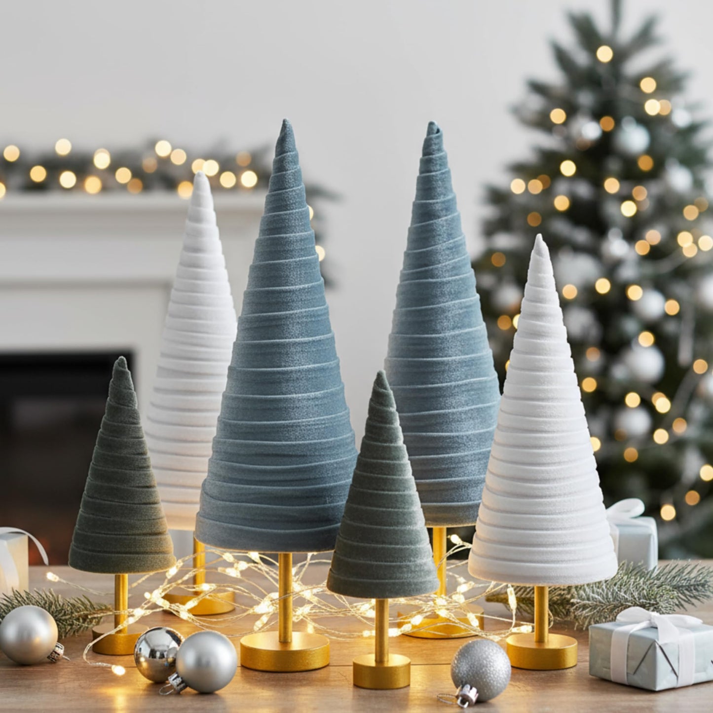Hoolerry 6 Pcs Christmas Velvet Trees with Gold Pedestal Christmas Velvet Cones Tree Mantel Decor Modern Rustic Winter Home Minimalist for Holiday Entryway Table Wedding Centerpiece(Morandi)