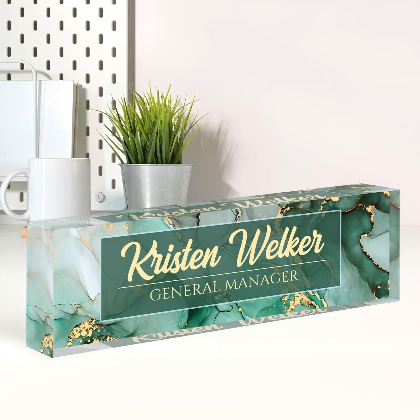 Name Plate for Desk, Desk Name Plate Personalized, Green Office Decor for Women Men, Acrylic Desktop Accessories, Office Gifts for Boss Nurse Teacher Coworker, Employee Appreciation Gift (Green Coast)