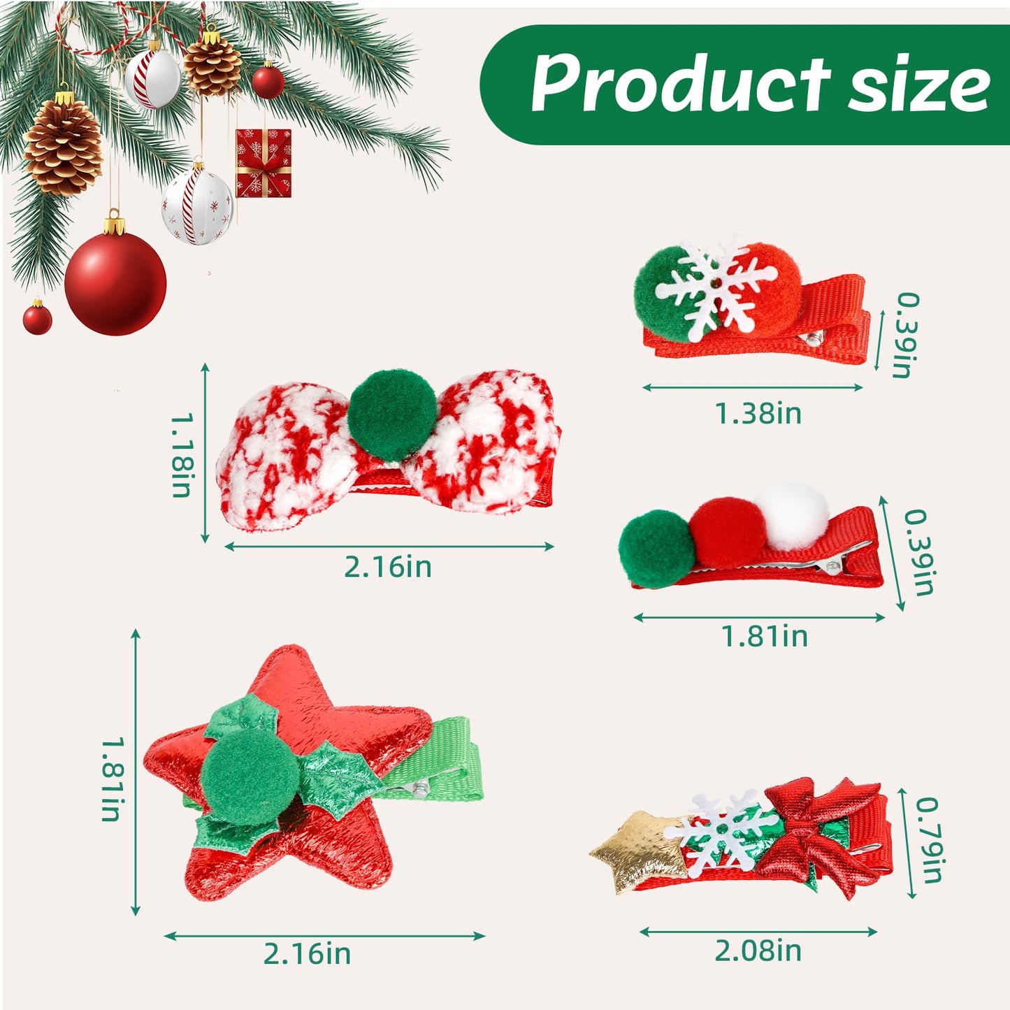 Christmas Hair Clips Set - Santa Hat, Snowflake, Bow & Star Barrettes for Women Girls Holiday Party (Red/Green) Hair Accessories for Women Girls (Pom Pom)
