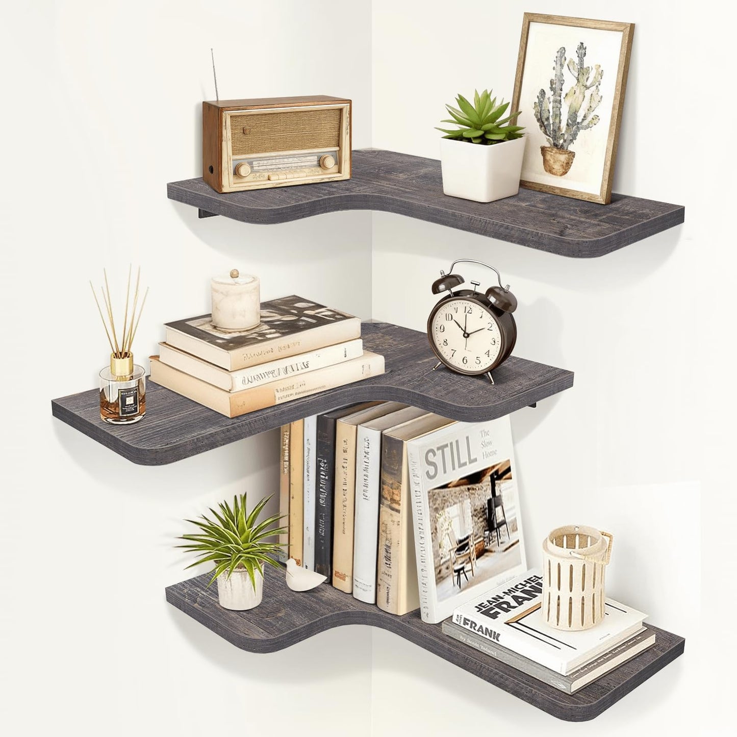 Homode Corner Shelves Wall Mounted, Set of 3 Floating Corner Shelves with Cord Hole, 3 Tier Wooden Hanging Shelves for Storage and Display, for Bathroom Kitchen Living Room, Rustic Grey