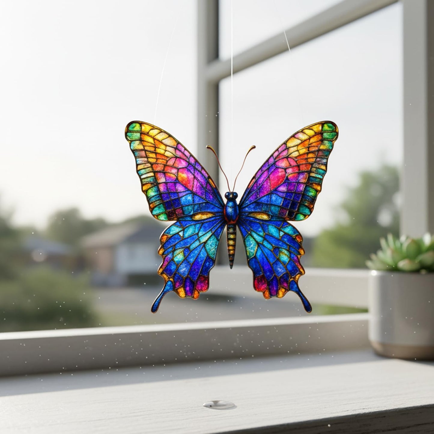 Stained Glass Window Hanging Butterfly Ornaments, 4-Piece Acrylic Sun Catchers Indoor Window,Indoor Window Decor, Faux Stained Glass Effect Gift for Her,Keepsake Ornament Set
