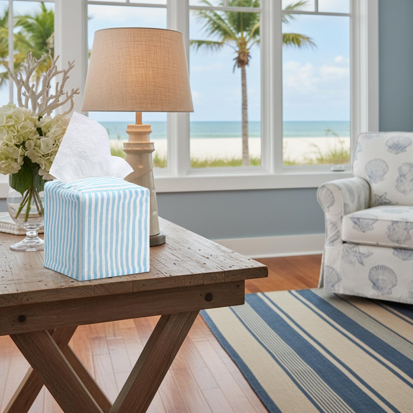 Potchen Coastal Tissue Box Cover Light Blue and White Stripe Tissue Box Cover Decorative Cotton Square Napkin Holder for Home Bedroom Living Room Bathroom Office Kitchen