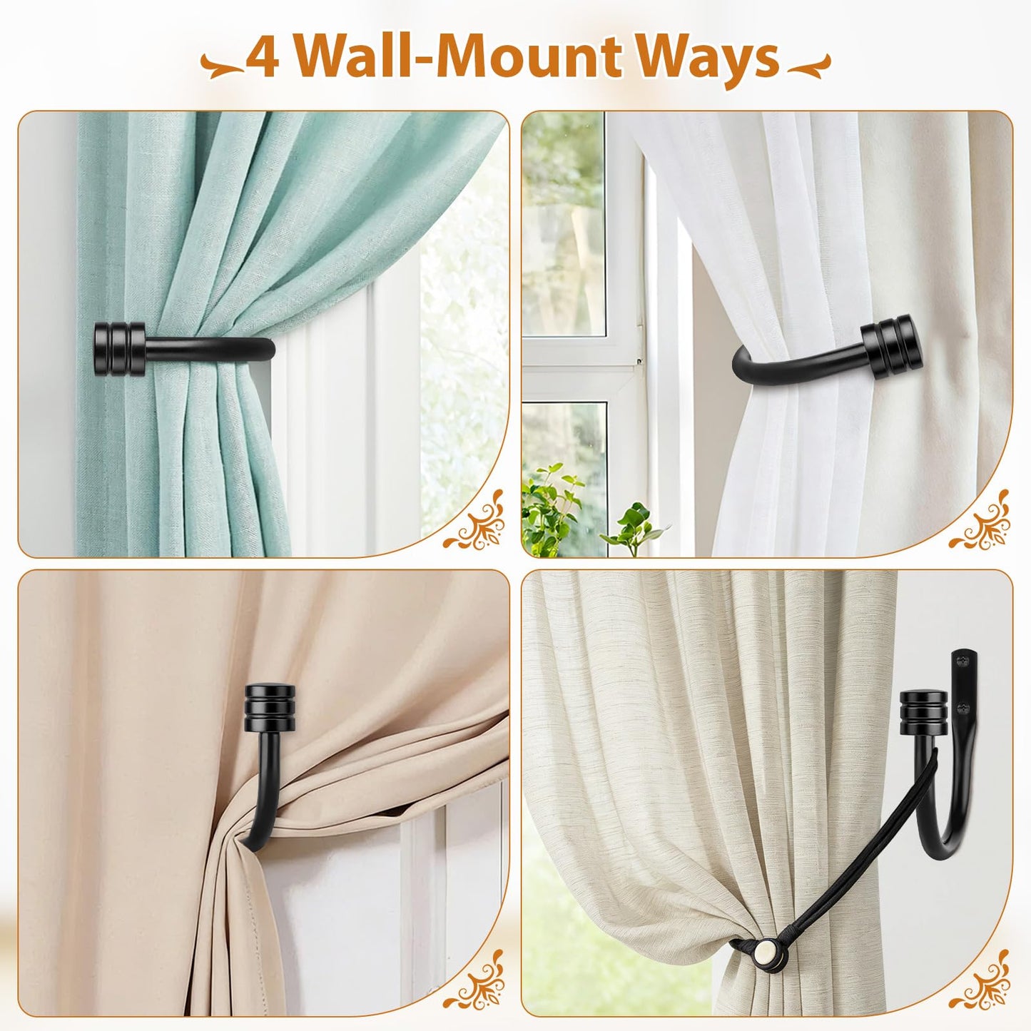 TONIAL Curtain Holdbacks, Home Decor Curtain Tiebacks Wall Mounted with Small Classic Cap Finials, Black Curtain Hooks for Drapes (1 Pair/2 Pack)