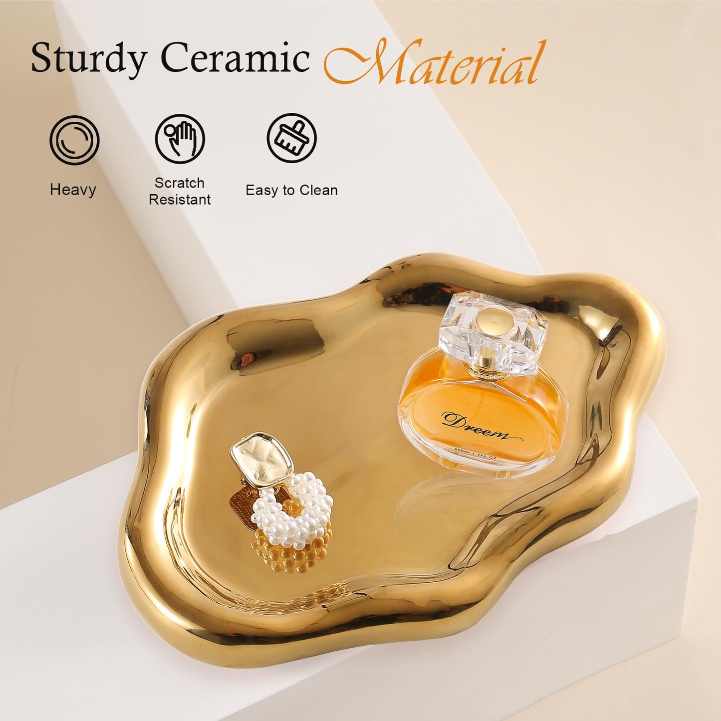 CCINPPY Ceramic Jewelry Tray Trinket Dish, Decorative Cloud Vanity Key Tray for Women, Ring Holder Dish, Cute Jewelry Plate Bowl Room Decor Aesthetic, Gold, Medium