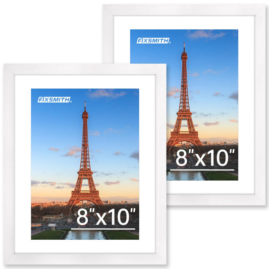 FIXSMITH 8x10 Picture Frame Set of 2, Photo Frame with HD Plexiglass, Display Pictures 5x7 with Mat or 8x10 Without Mat, White Picture Frames Collage for Tabletop or Wall Display